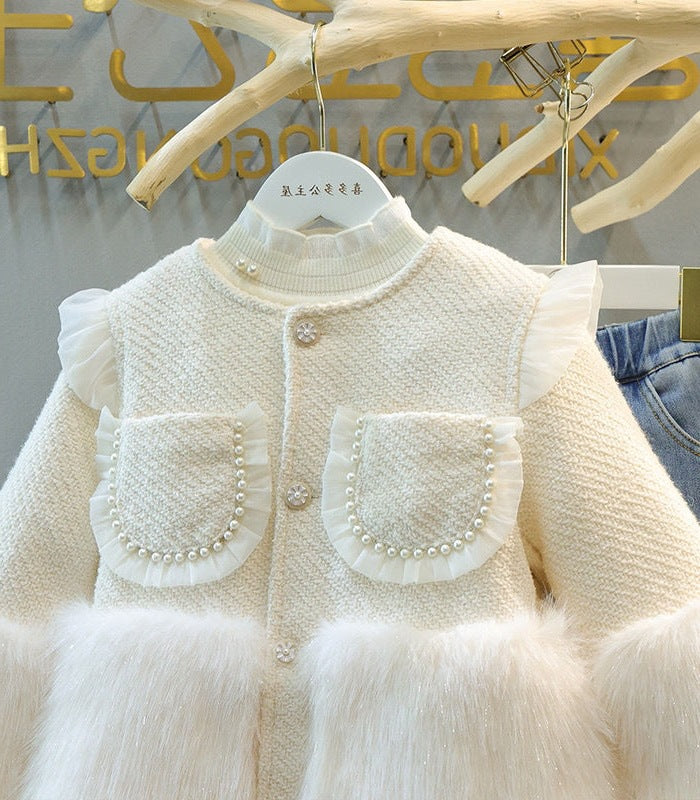 Abrigo de Peluche y Perlas para Niñas