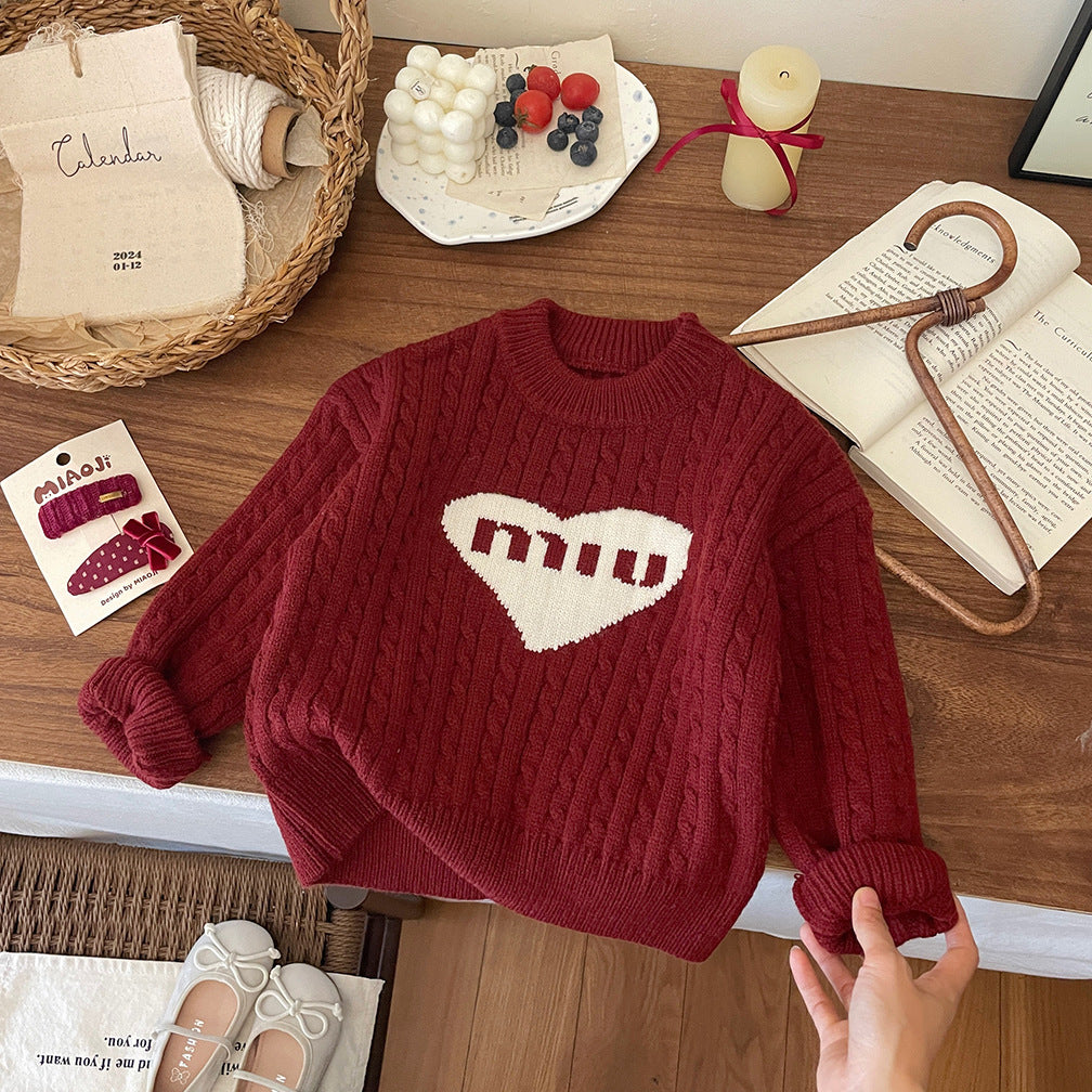 Blusa de punto de invierno con forma de corazón para niñas