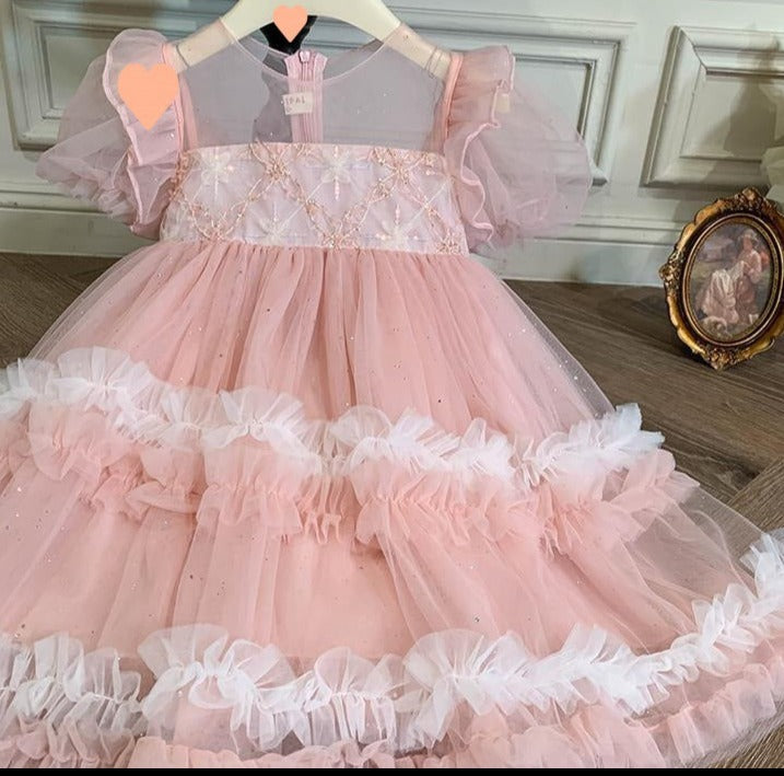 Vestido infantil de tul escalonado brillante