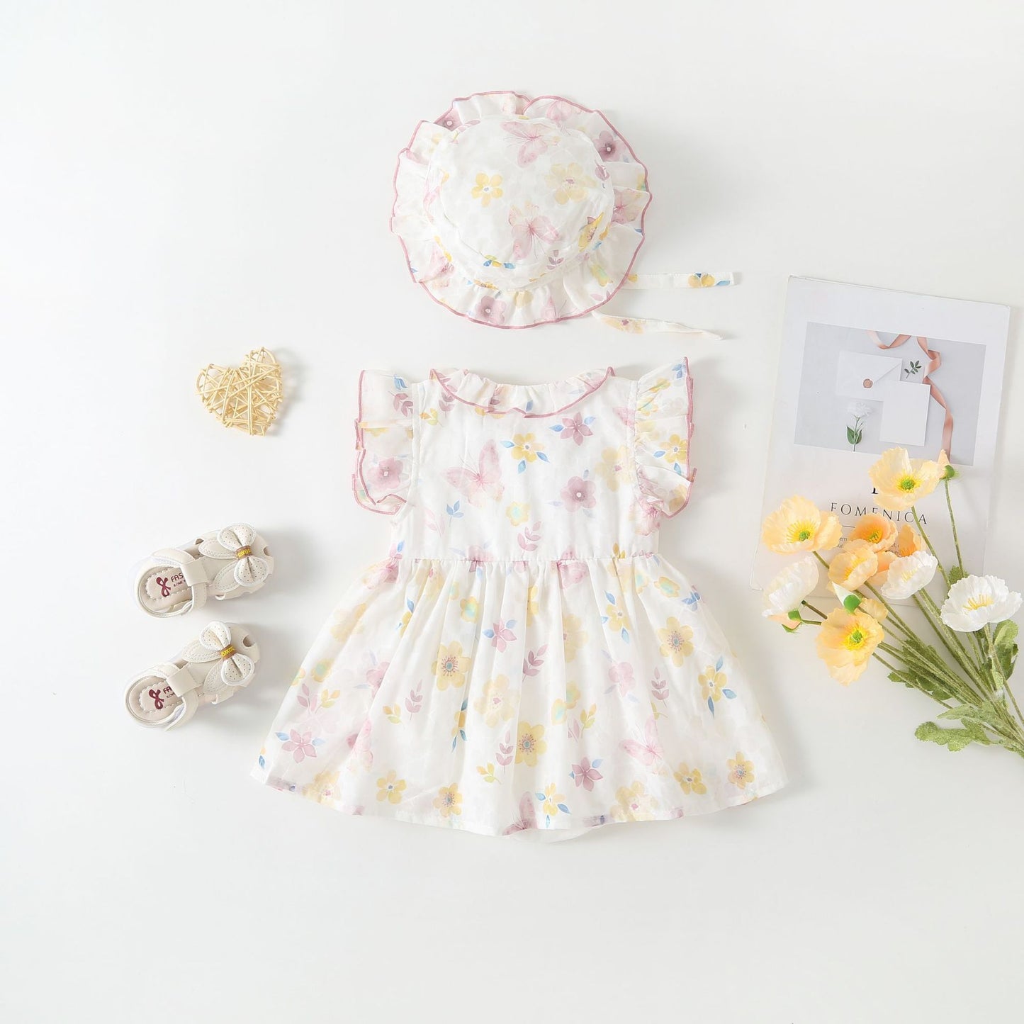 Vestido Infantil Floral de Verano con Gorro