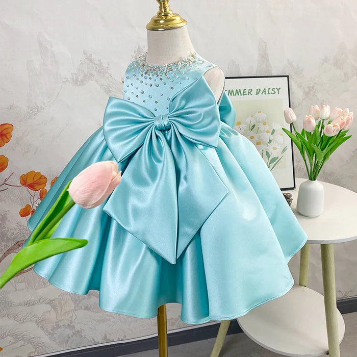 Vestido de Fiesta Infantil Con Piedras y Lazo