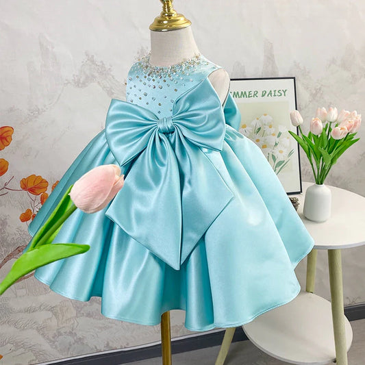 Vestido de Fiesta Infantil Con Piedras y Lazo