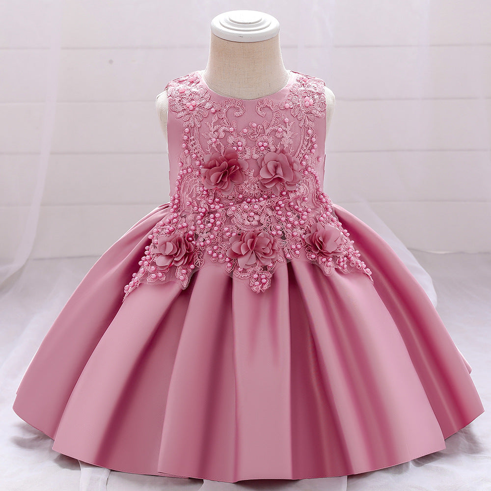 Vestido de Fiesta Infantil Flores con Perlas