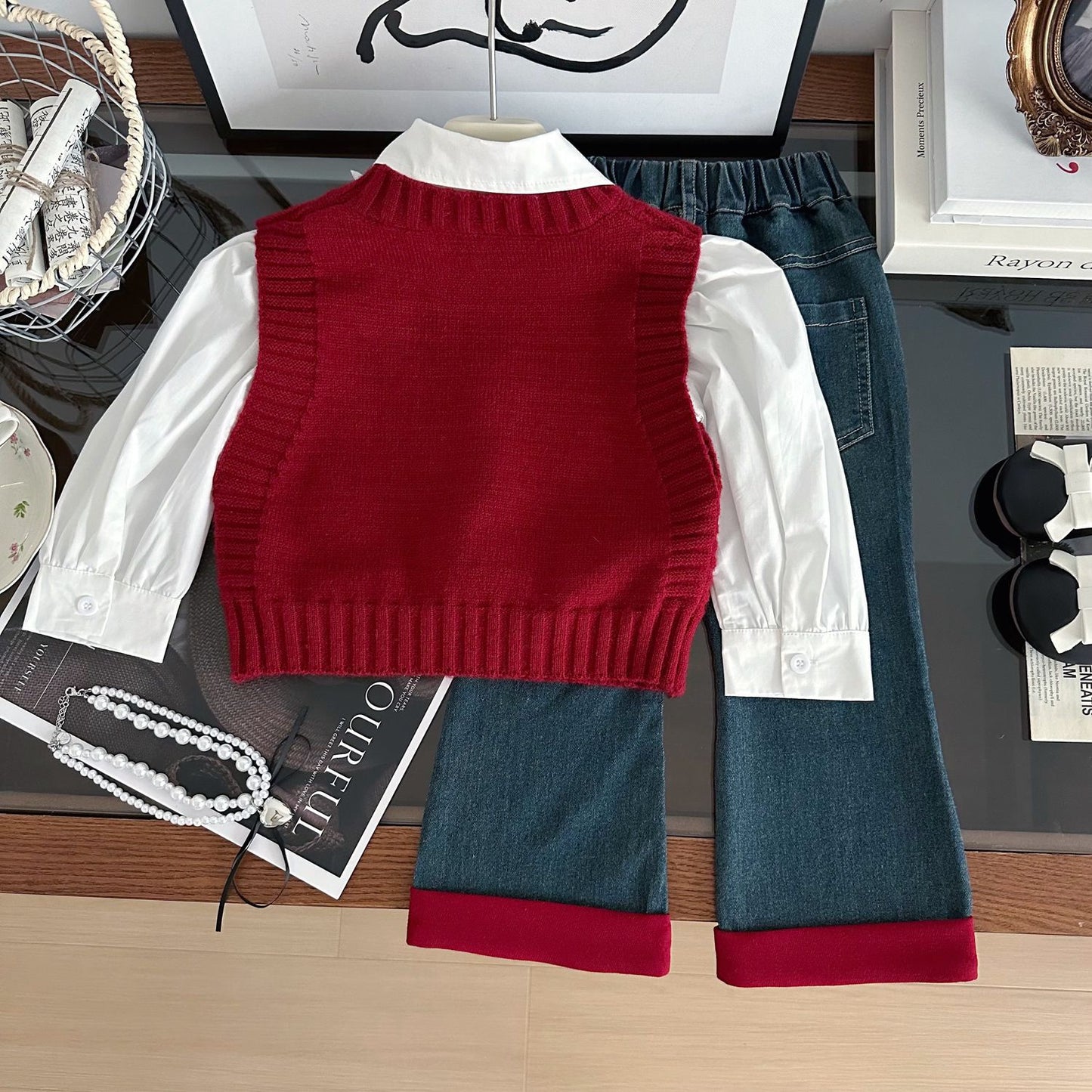 Conjunto Infantil Feminino de 3 Peças com Laços e Jeans