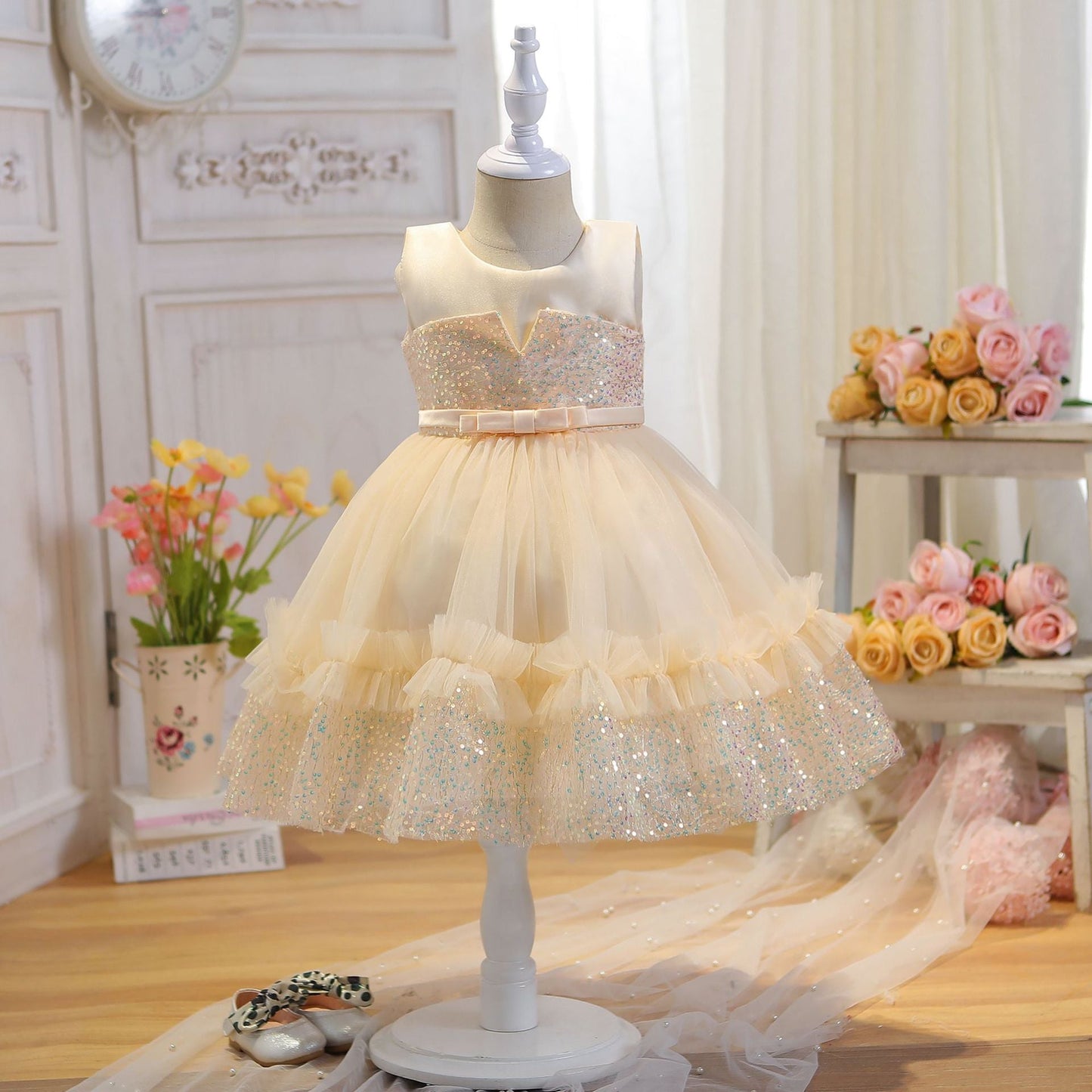 Vestido de Fiesta Infantil Tul Brillante Encaje