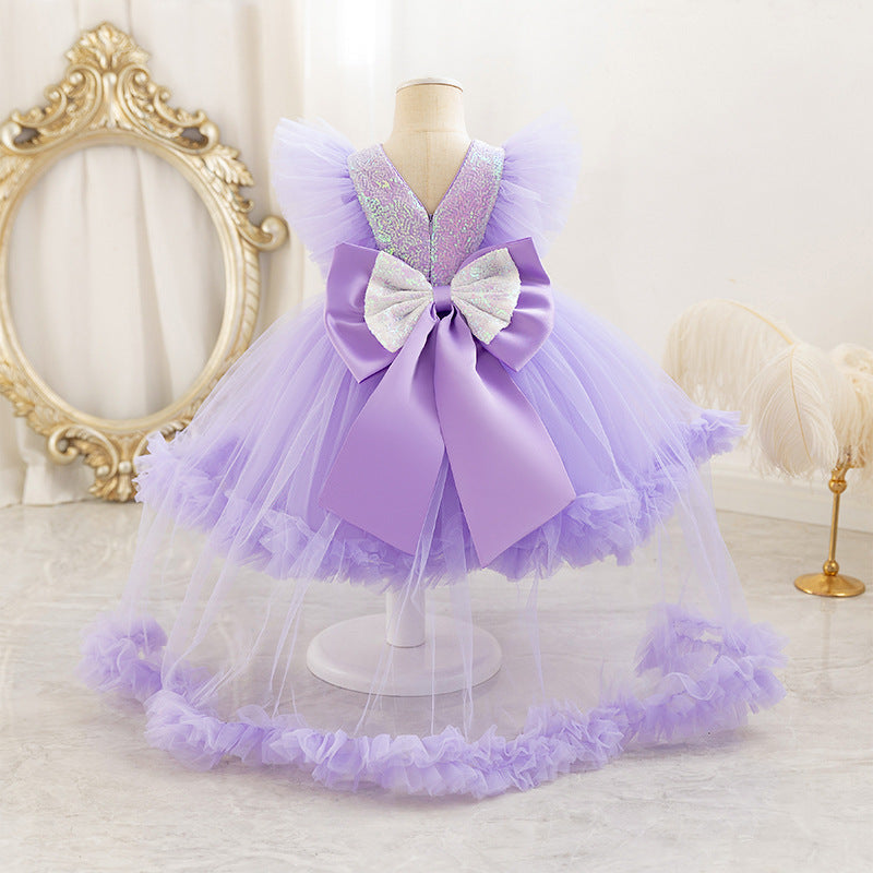 Vestido de Fiesta Infantil de Tul Brillante y Lazo