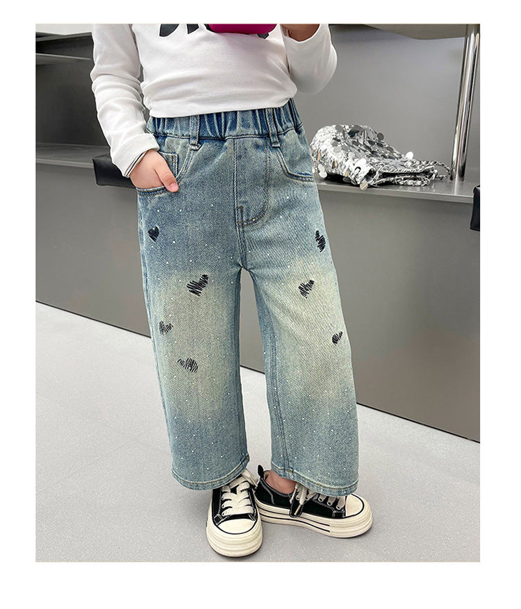 Pantalón Jeans Anchos para Niñas Corazones