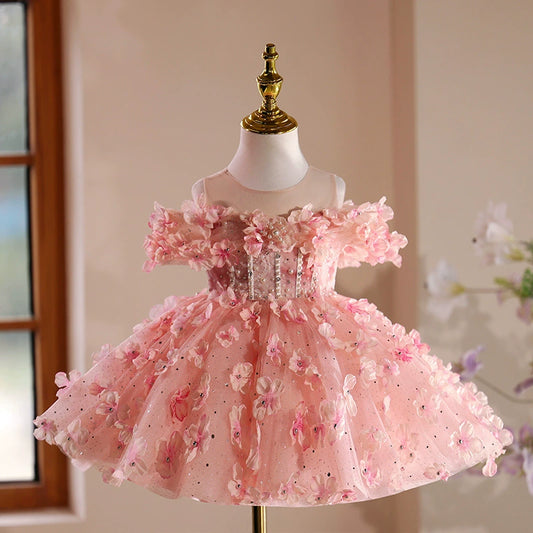 Vestido Infantil de Fiesta Rosa con Flores