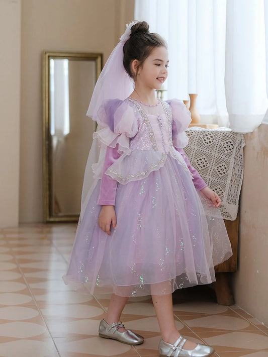 Vestido Infantil Princesa de Manga Larga Brillante