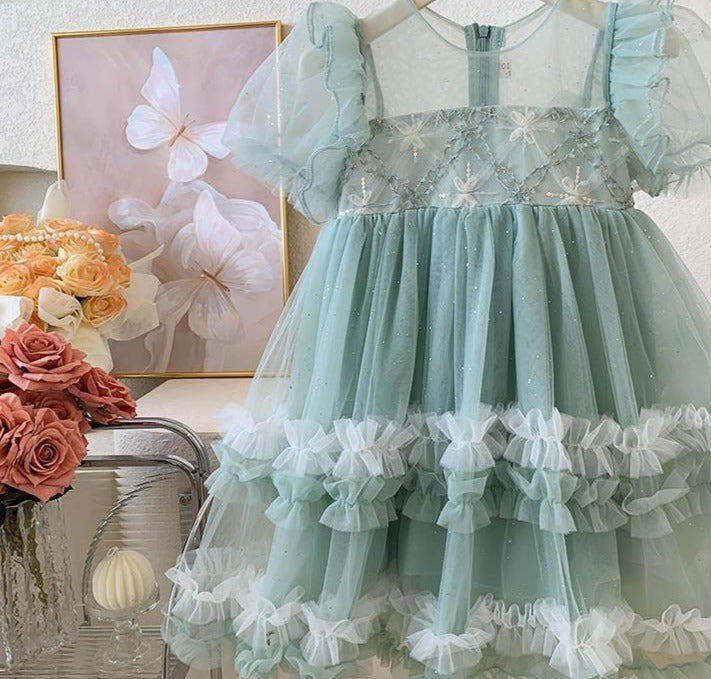 Vestido infantil de tul escalonado brillante