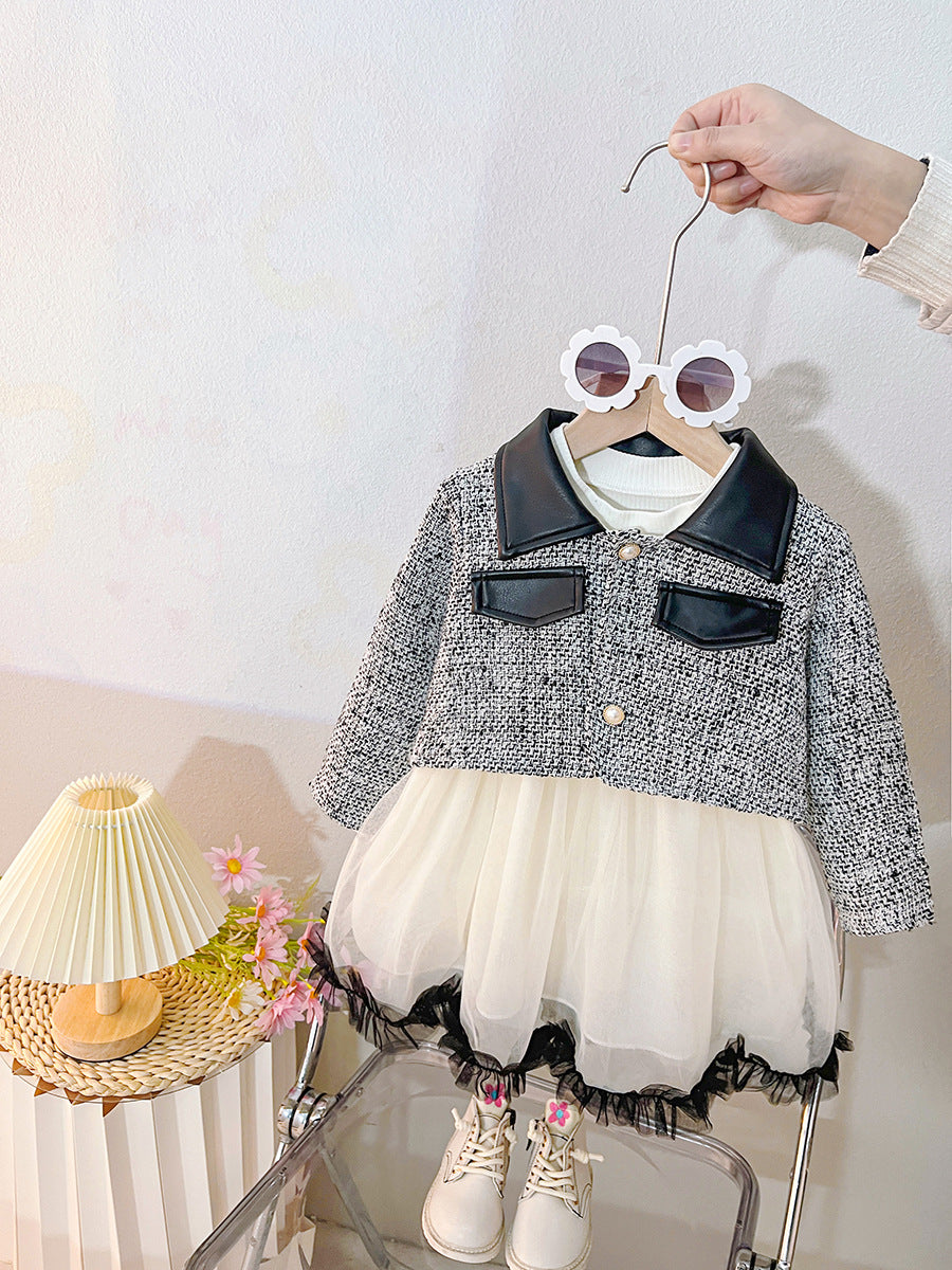 Vestido infantil de tweed y polipiel