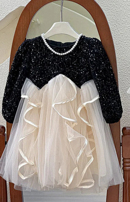 Vestido Infantil de Tul Brillante Con Lazo