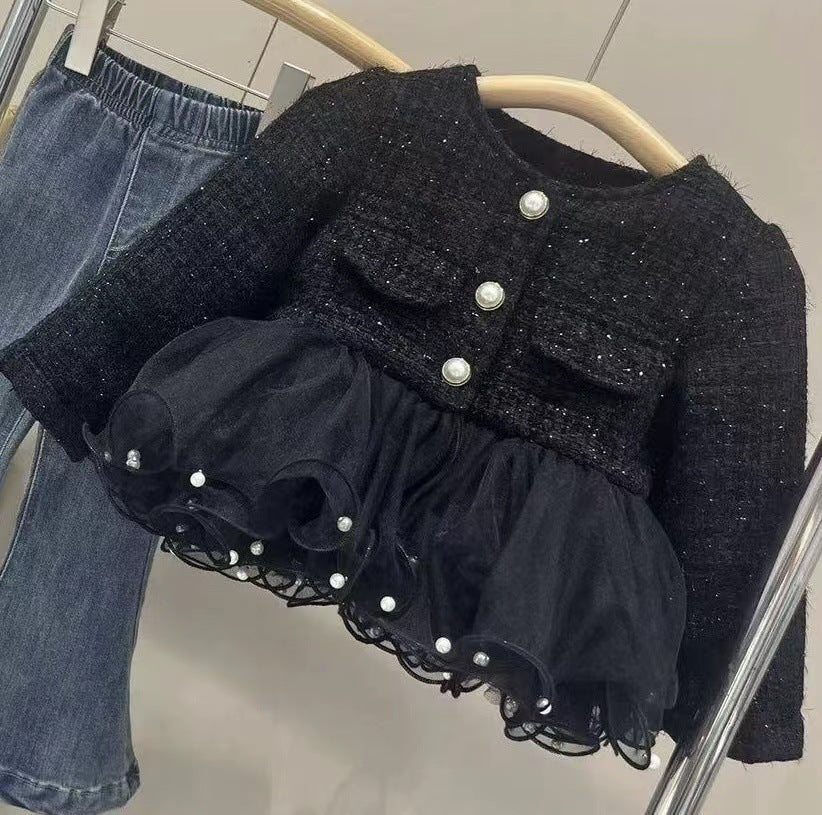 Conjunto Infantil Abrigo Tweed, Tul + Jeans