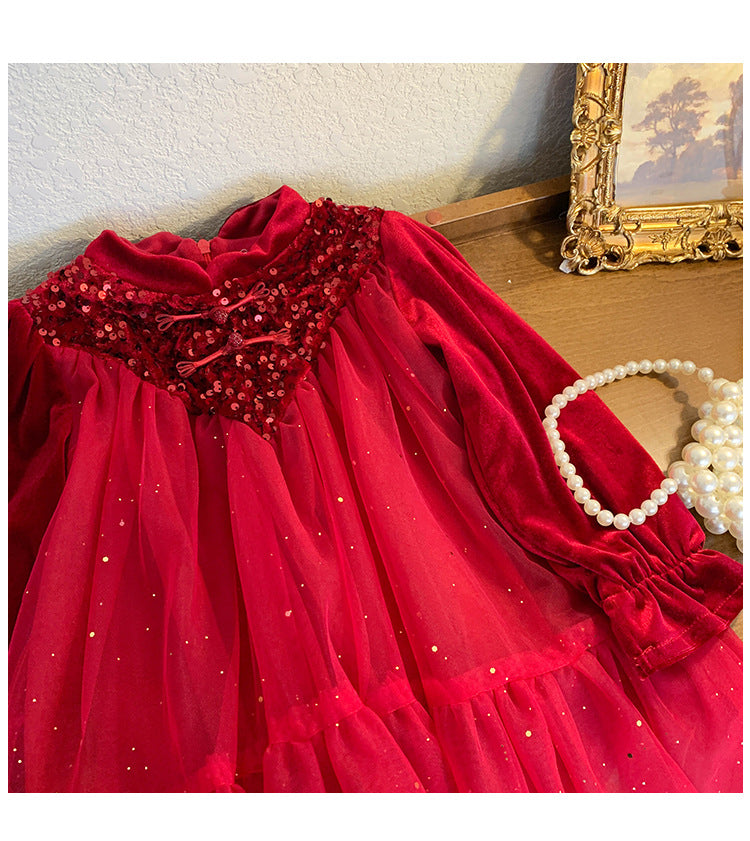 Vestido Infantil Tul Brillante Rojo
