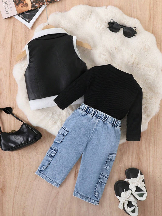 Conjunto de 3 piezas para niña: chaleco y vaqueros