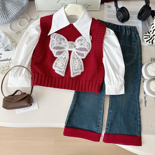 Conjunto Infantil Feminino de 3 Peças com Laços e Jeans