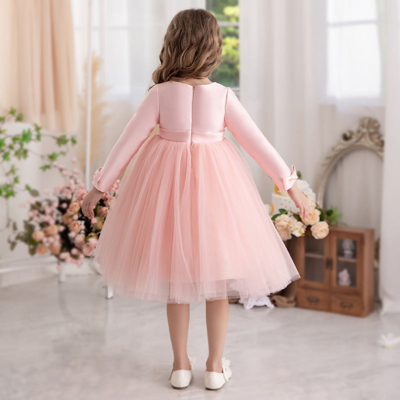 Vestido Infantil Manga Larga Lazo y Perlas
