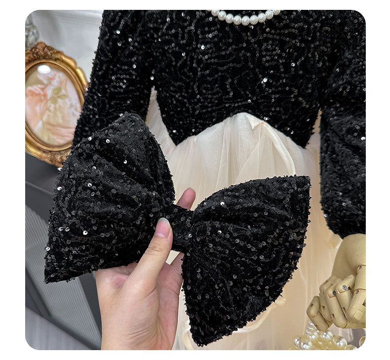 Vestido Infantil de Tul Brillante Con Lazo