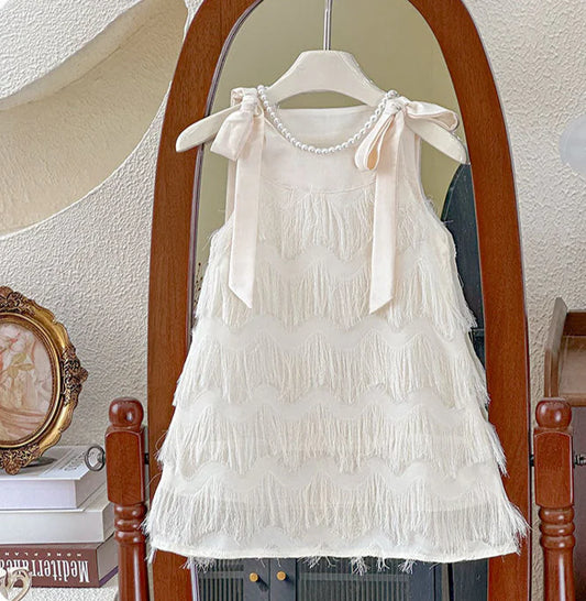 Vestido Infantil con Plumas y Lazo
