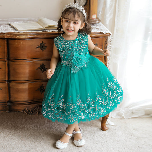 Vestido de Fiesta Infantil Tul Brillante y Flores
