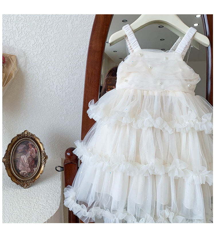 Vestido Infantil de Tul con Capas de Perlas