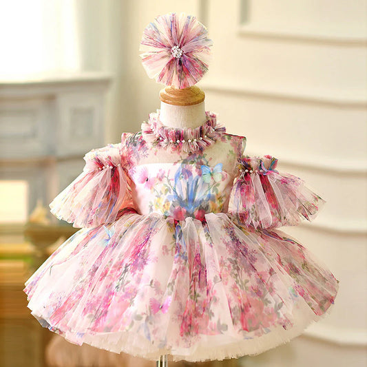 Vestido de fiesta infantil con flores rosas