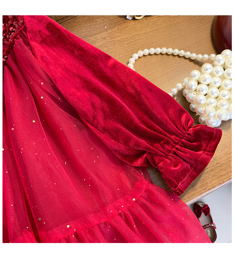 Vestido Infantil Tul Brillante Rojo