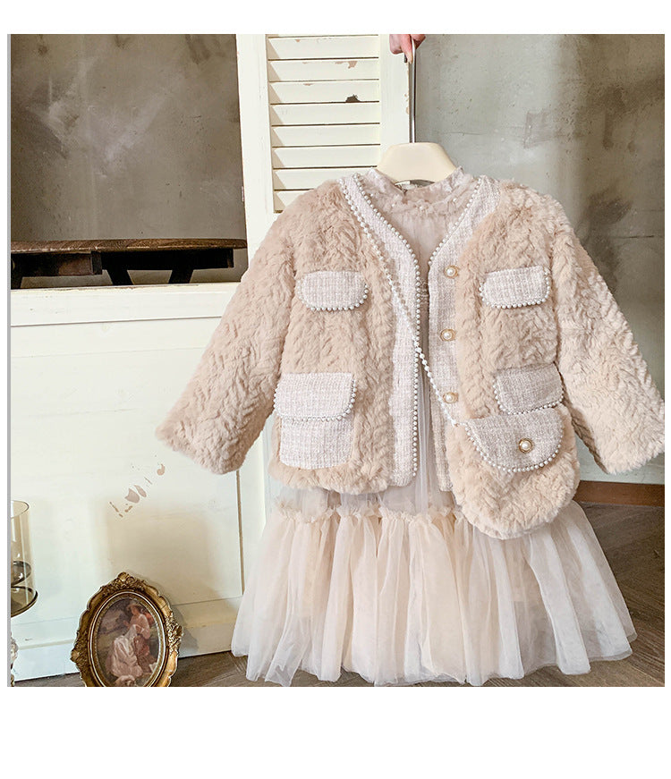 Conjunto Infantil de Mujer Vestido + Abrigo de Piel