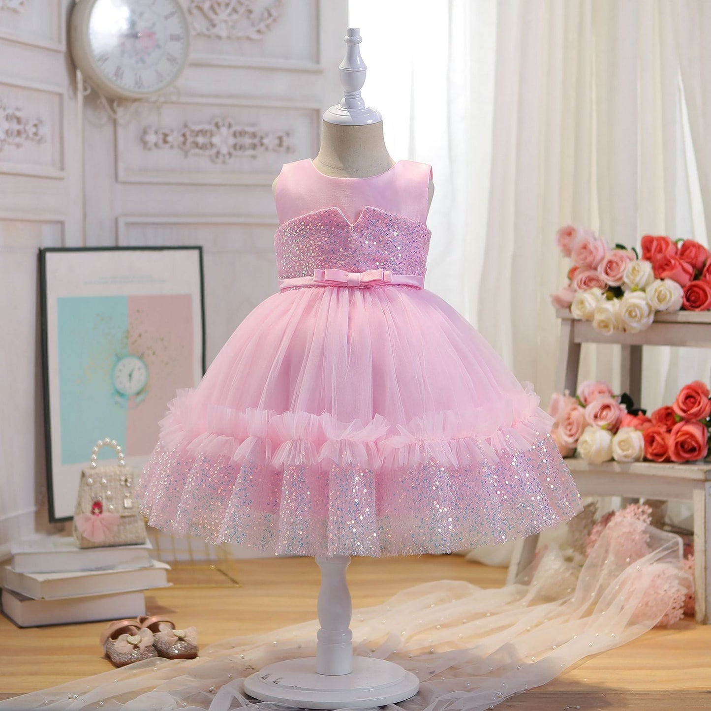 Vestido de Fiesta Infantil Tul Brillante Encaje