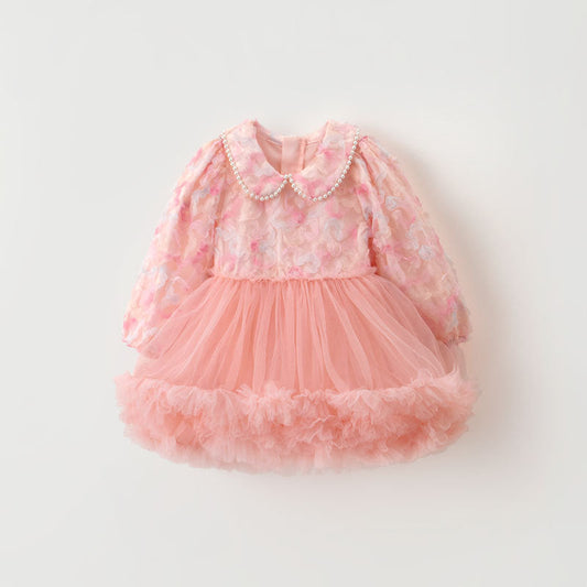 Vestido Infantil Floral Tul Cuello Perlas