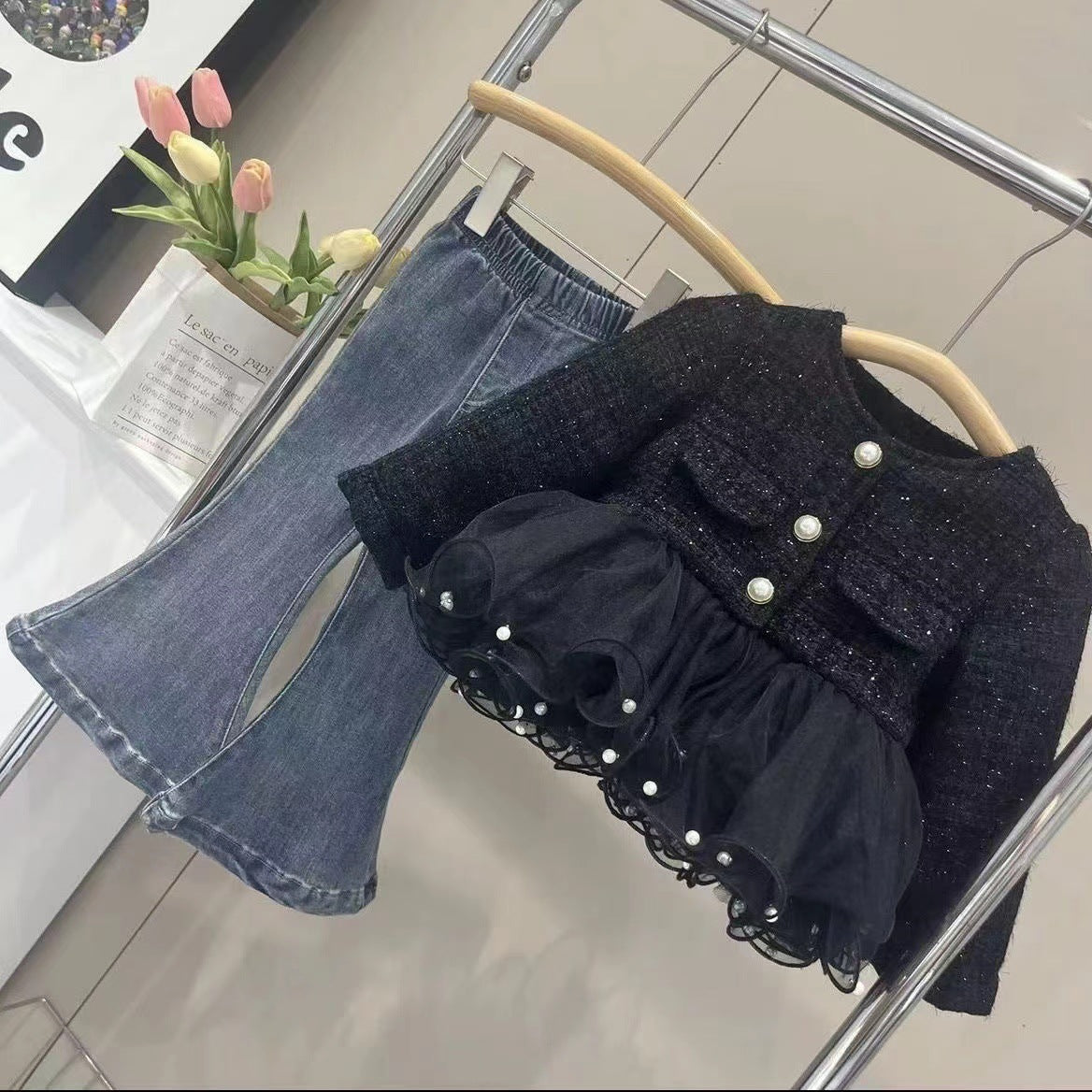 Conjunto Infantil Abrigo Tweed, Tul + Jeans