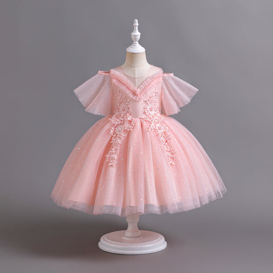 Vestido Infantil Perlas Rosa Flores