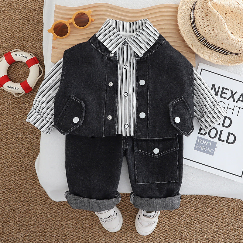 Conjunto de 3 piezas de jeans y rayas para niño