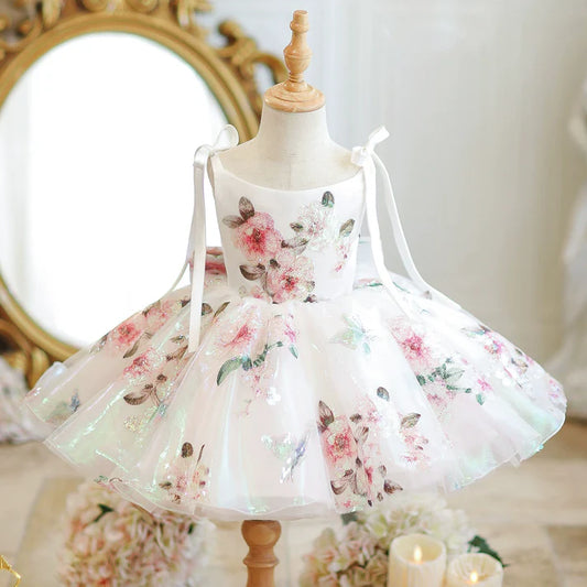 Vestido Infantil de Fiesta con Flores y Tirantes con Lazo
