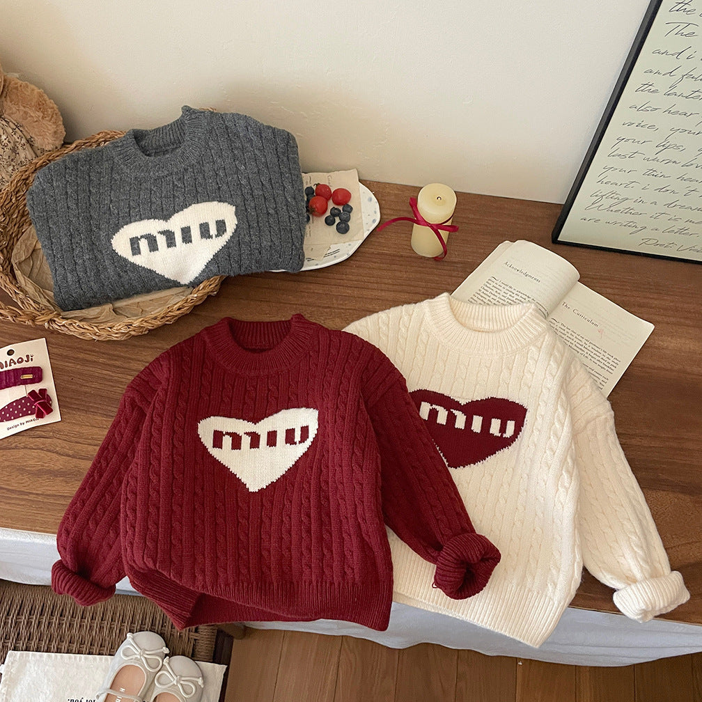 Blusa de punto de invierno con forma de corazón para niñas