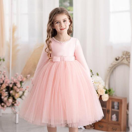 Vestido Infantil Manga Larga Lazo y Perlas