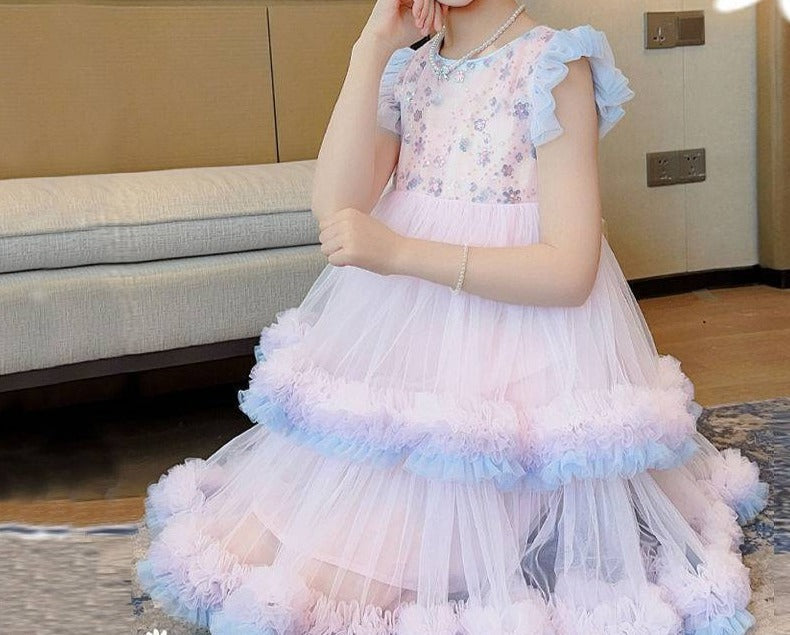 Vestido de fiesta floral de tul escalonado