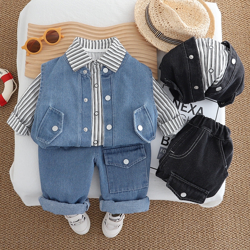 Conjunto de 3 piezas de jeans y rayas para niño