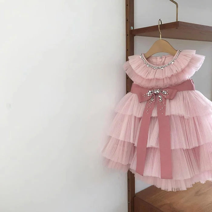 Vestido Infantil de Tul con Lazo Brillante