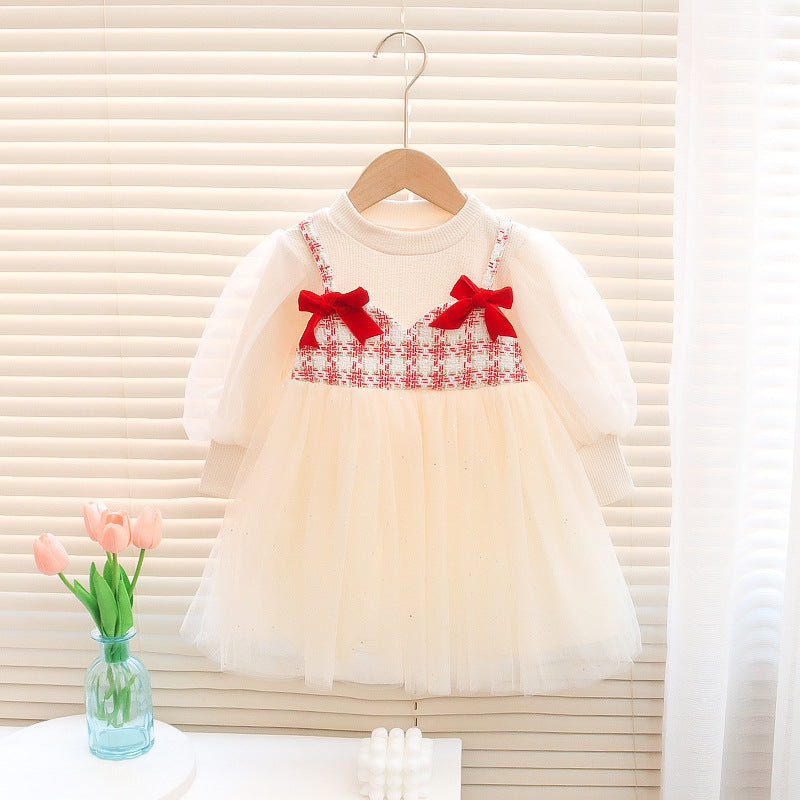 Vestido infantil de tweed con lazos y tul