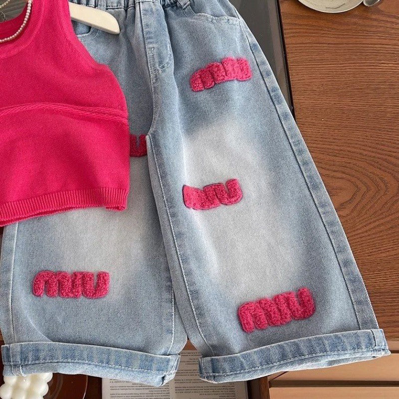 Conjunto Infantil  Pantalón Ancho + Cropeed Rosa