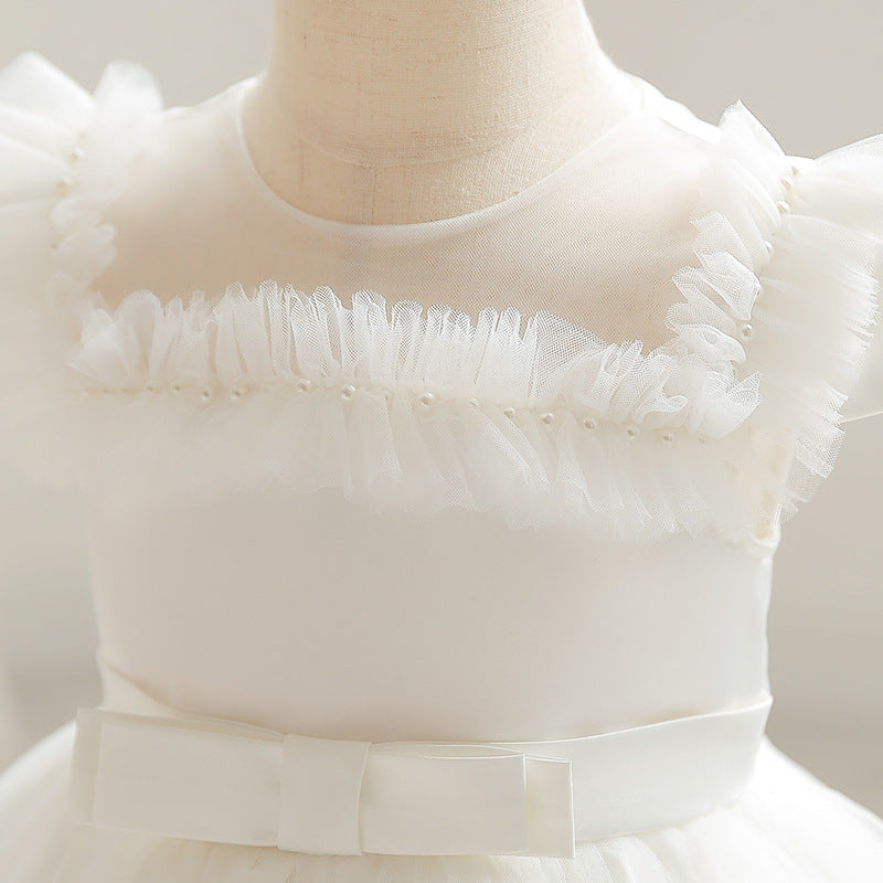 Vestido de fiesta infantil de tul plisado y perlas