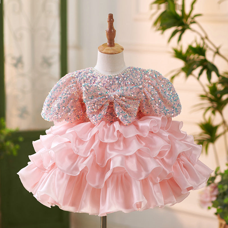 Vestido Infantil A Capas Rosa Brillante
