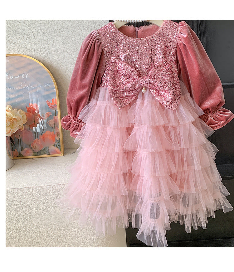 Vestido Infantil Lazo Rosa Brillante