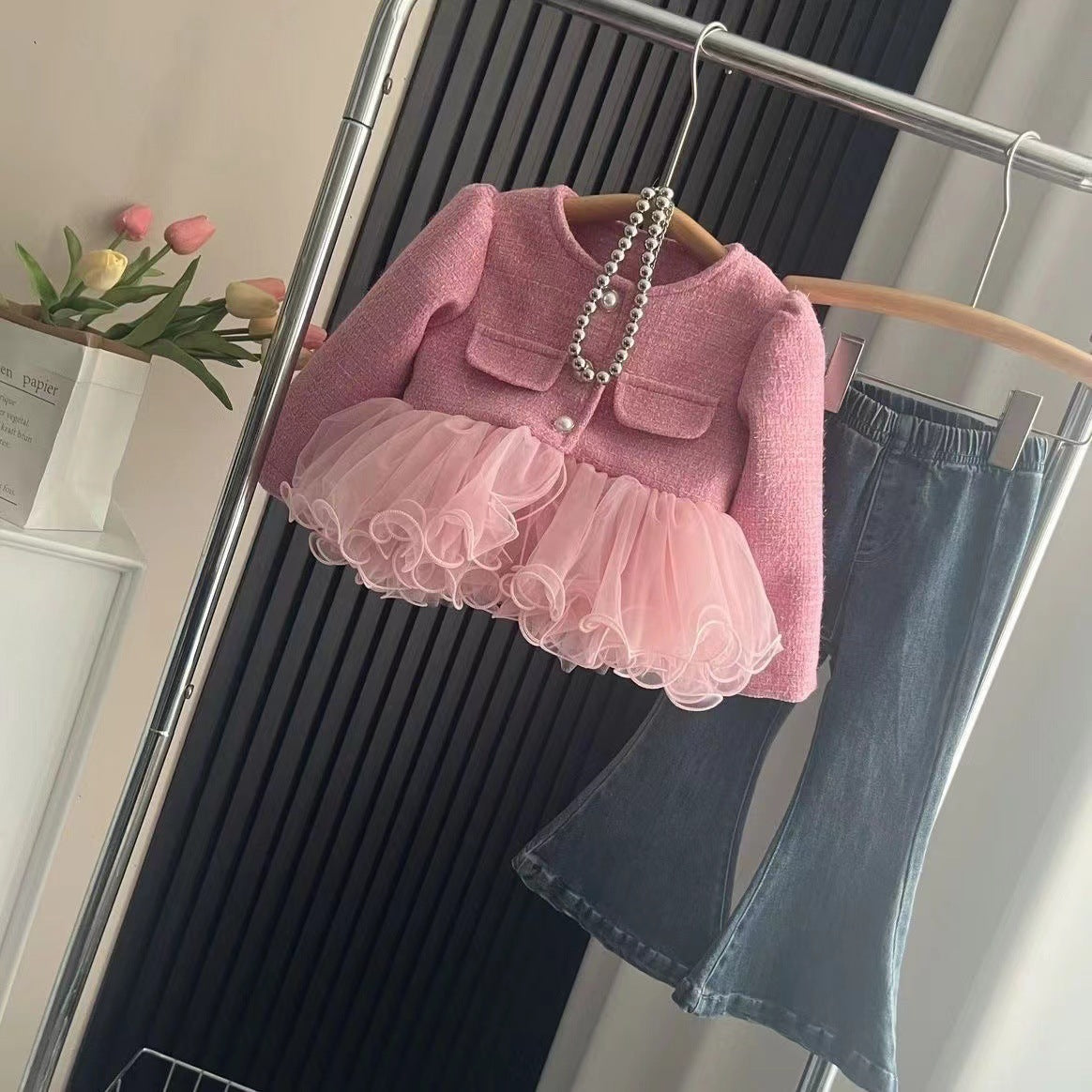 Conjunto Infantil Abrigo Tweed, Tul + Jeans