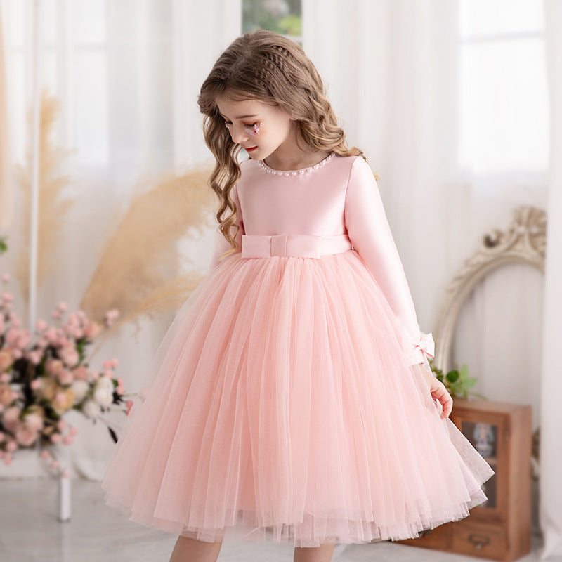 Vestido Infantil Manga Larga Lazo y Perlas