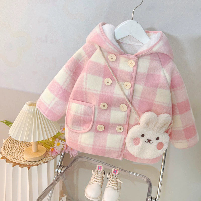 Abrigo de felpa a cuadros rosa para niña