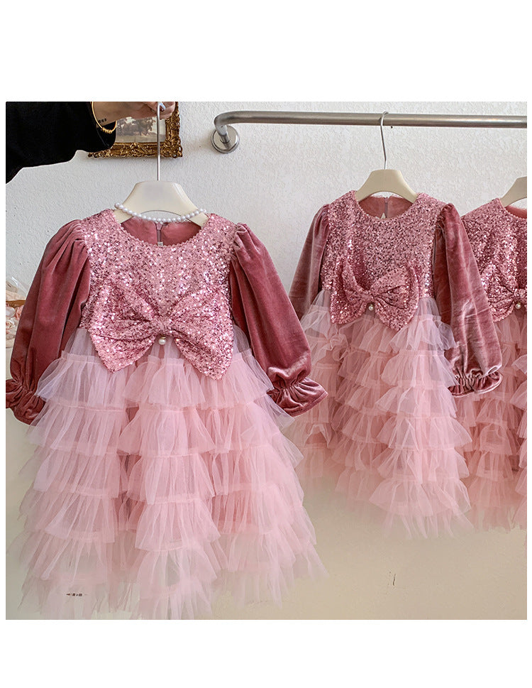 Vestido Infantil Lazo Rosa Brillante