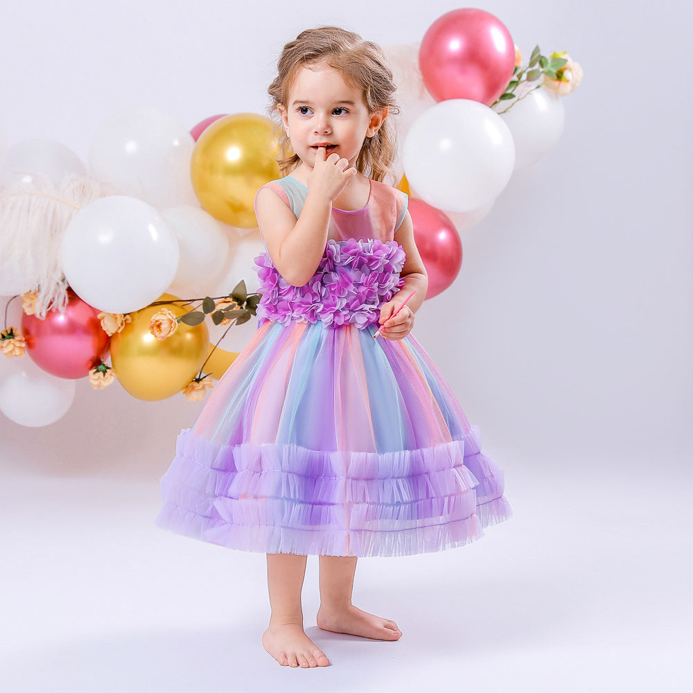 Vestido Infantil Flores Tul Colores