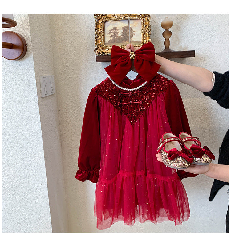 Vestido Infantil Tul Brillante Rojo